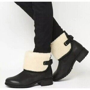 UGG Aldon Leather Boots Womens Sz 7.5 Black Water Resistant Wool Lined Outdoor